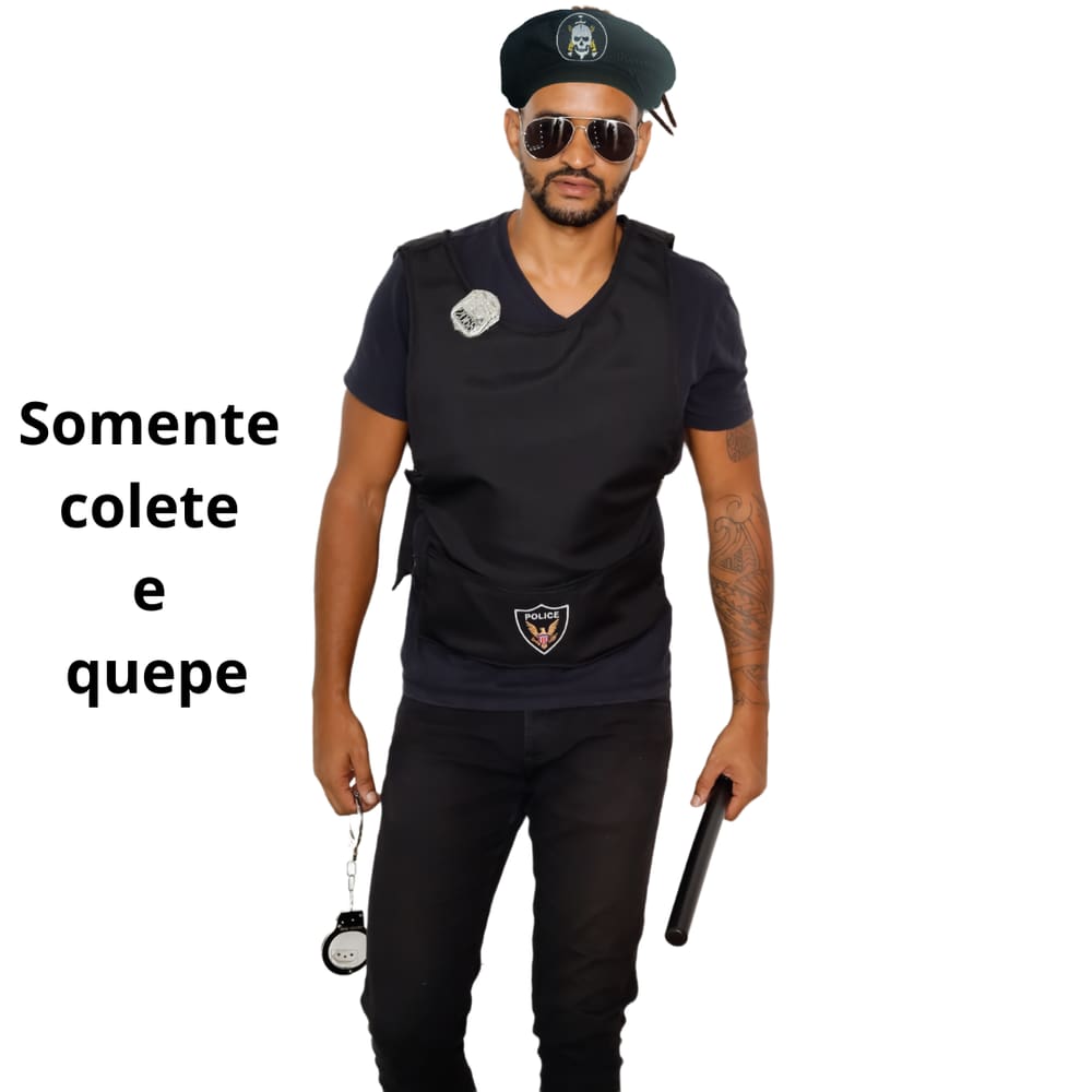 Fantasia Kit Policial Adulto Masculino Colete E Quepe Fantasia Policial Batalhão Bope Profissão Polícia Segurança