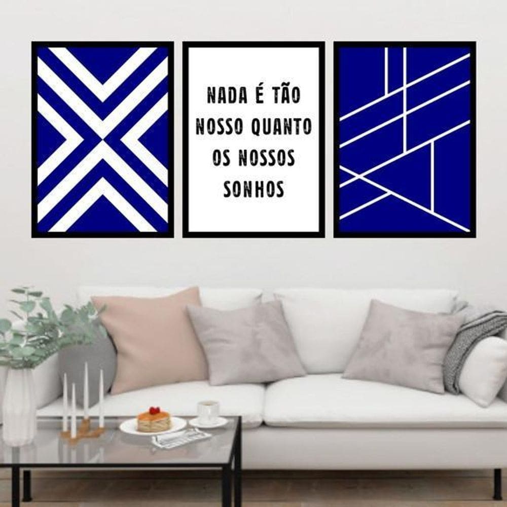 Kit 3 Quadros Geométrico Azul Sonhos 45X34Cm Moldura Preta