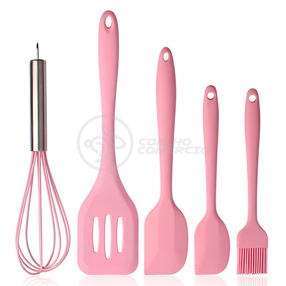 Kit 5 Utensílios Jogo de Cozinha Peças de Silicone Espátulas Batedor Manual e Pincel - Rosa