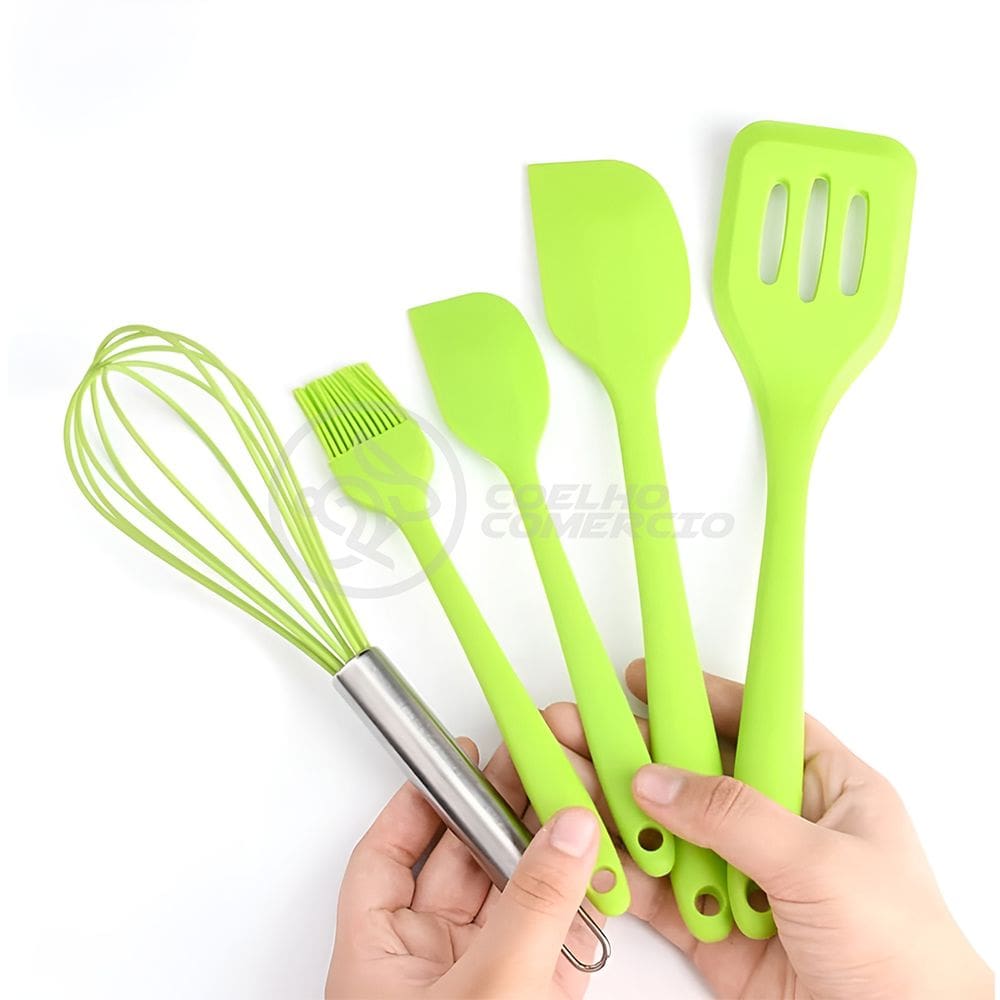 Kit 5 Utensílios Jogo de Cozinha Peças de Silicone Espátulas Batedor Manual e Pincel - Verde
