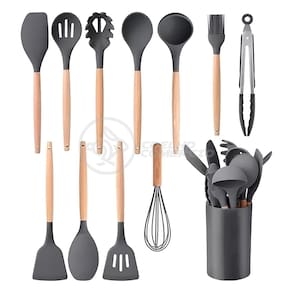 Kit 12 Utensílios de Cozinha Peças de Silicone e Cabo de Madeira Madeira Resistentes - Cinza