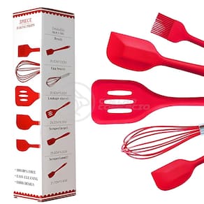 Kit 5 Utensílios Jogo de Cozinha Peças de Silicone Espátulas Batedor Manual e Pincel - Vermelho