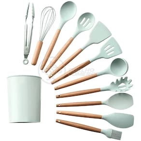 Kit 12 Utensílios de Cozinha Peças de Silicone e Cabo de Madeira Madeira Resistentes - Verde