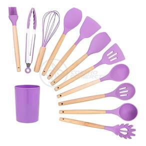 Kit 12 Utensílios de Cozinha Peças de Silicone e Cabo de Madeira Madeira Resistentes - Roxo