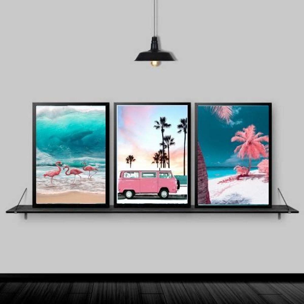 Kit 3 Quadros Praia Kombi Rosa 33X24Cm - Com Vidro Preta