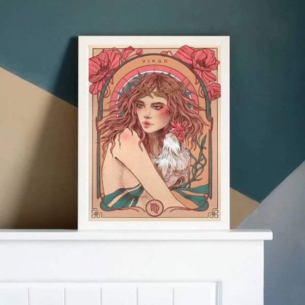 Quadro Vintage Signo Virgem 33X24 Com Vidro - Madeira Branca