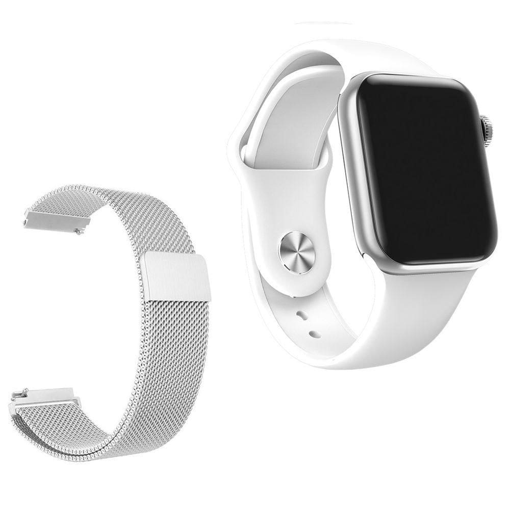 Relógio Smartwatch Iwo 7 Watch 5 Branco Android Ios + 1 Pulseira Extra De Aço Prata