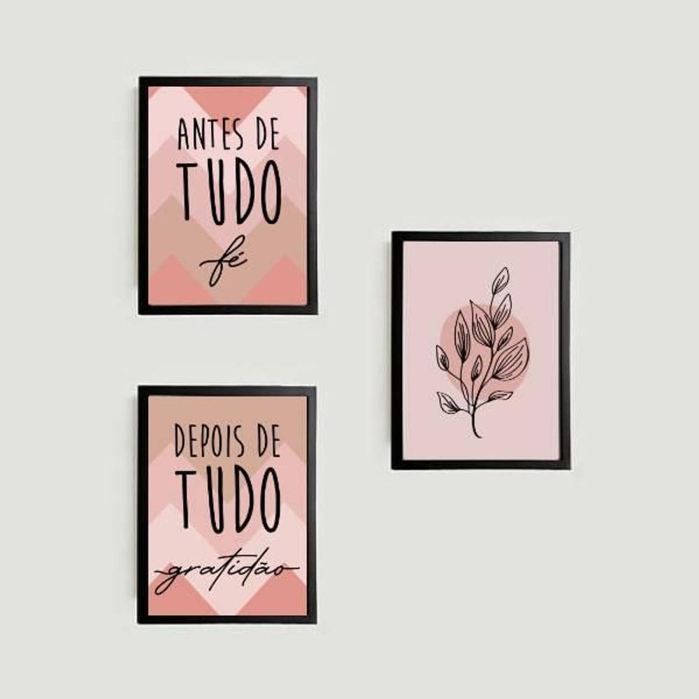 Kit 3 Quadros Fé E Gratidão - Chevron 33X24Cm - Com Vidro