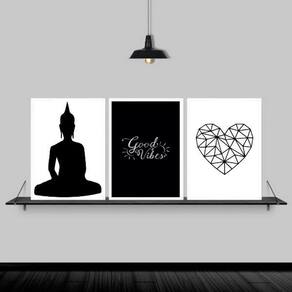Kit 3 Quadros Zen Buda Good Vibes 24X18 Com Vidro - Branca