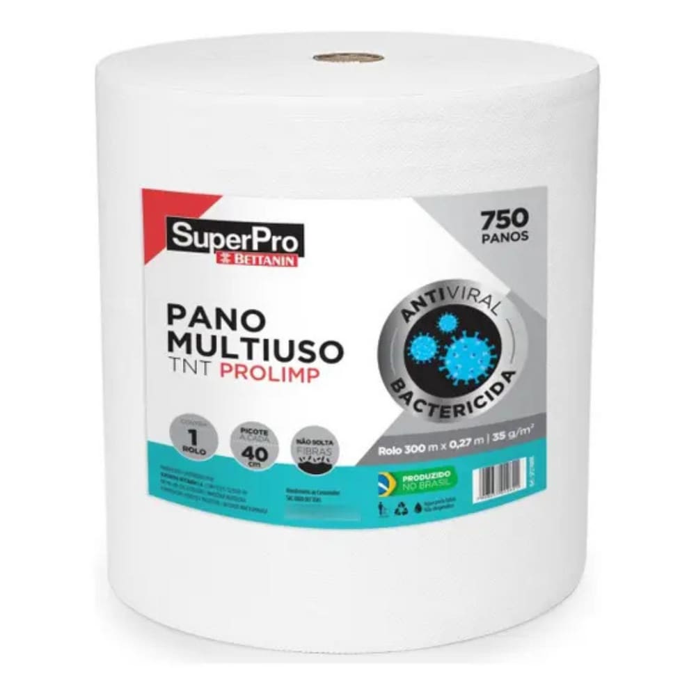 Pano Multiuso TNT  27cm x 300m (750 panos) Branco com Agentes Antibacteriano e Antiviral.