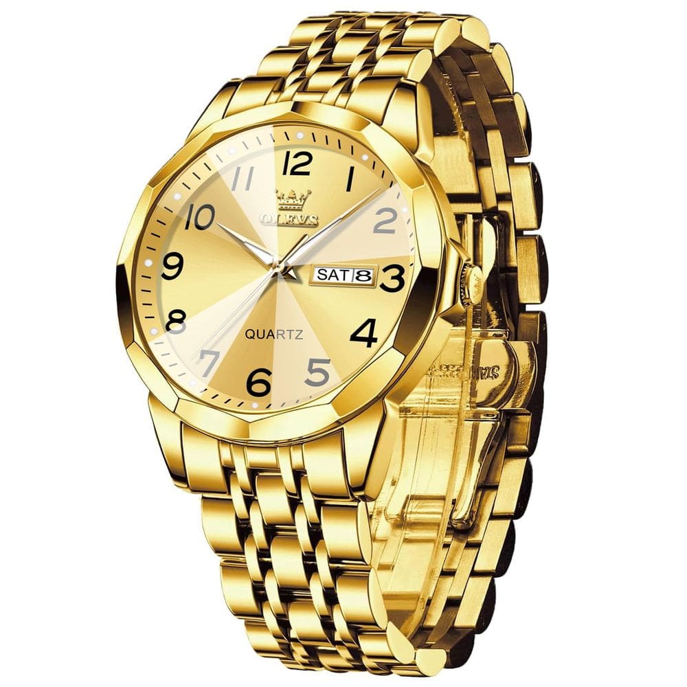 Relógio OLEVS Mens Gold com pulseira de aço inoxidável resistente à água