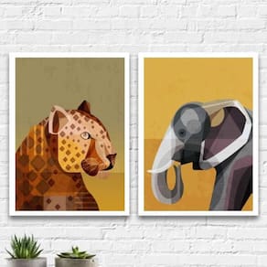 Kit 2 Quadros Arte Animais Geométricos 33X24Cm - Com Vidro