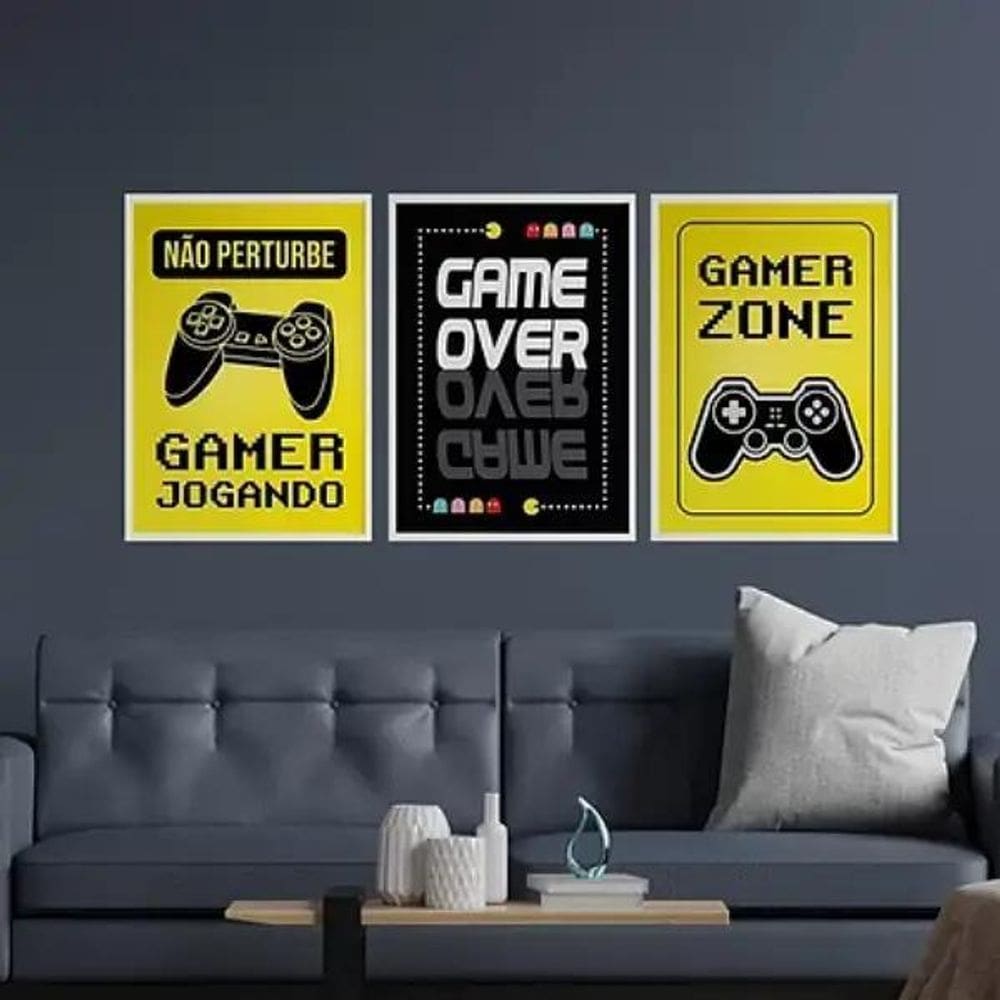 Kit 3 Quadros Gamer Zone Amarelo E Preto 24X18Cm - Com Vidro