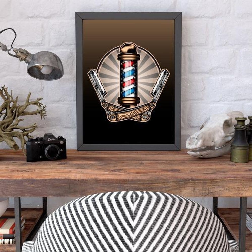 Quadro Decorativo Símbolo Barber Shop Moldura Preta 24X18Cm