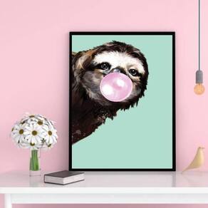 Quadro Bicho Preguiça Bubble Gum 24X18 C/Vidro Madeira Preta