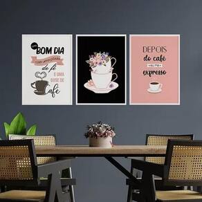 Kit 3 Quadros Café e Fé 45x34cm Moldura Branca