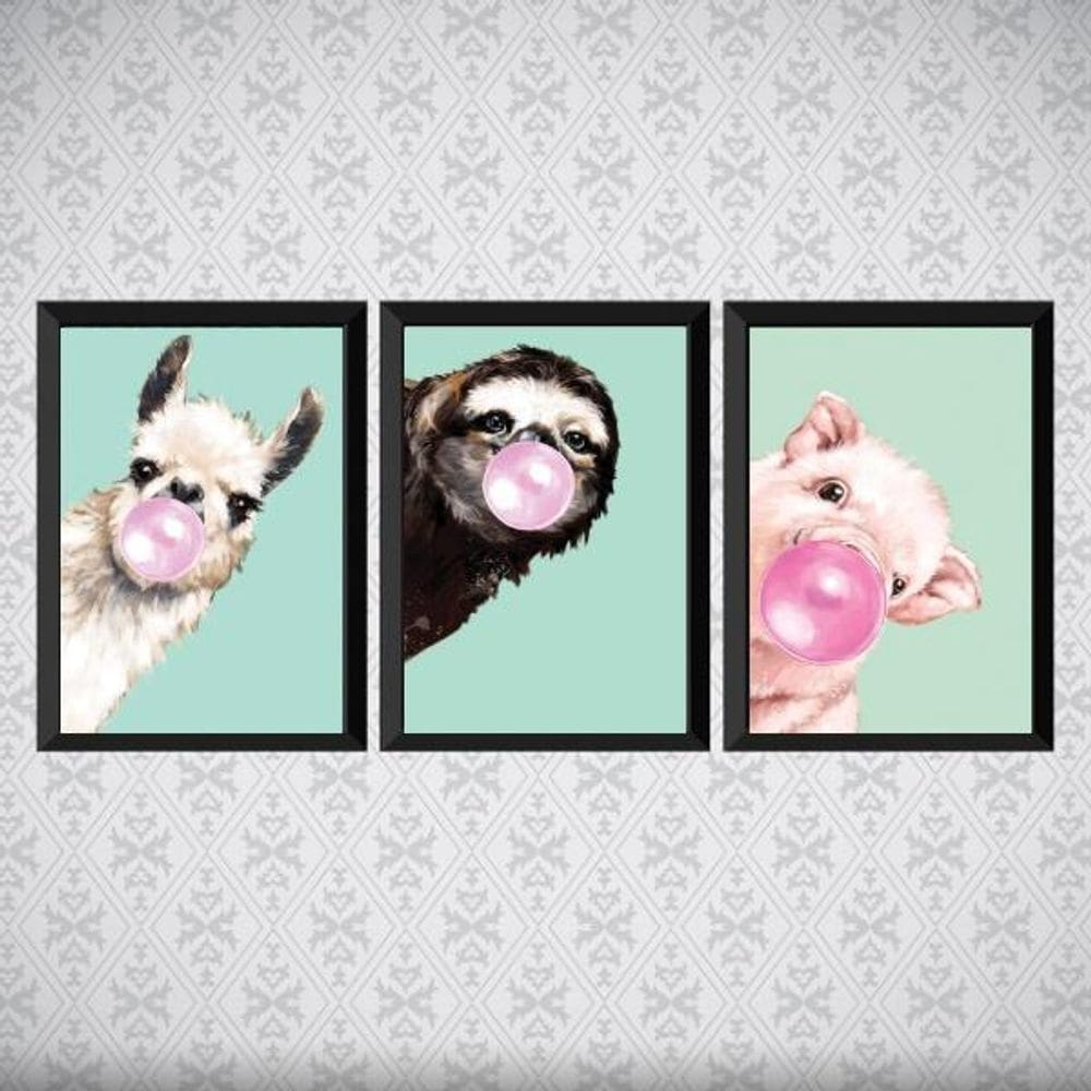 Kit 3 Quadros Chicletes Turquesa 33x24cm Madeira Preta