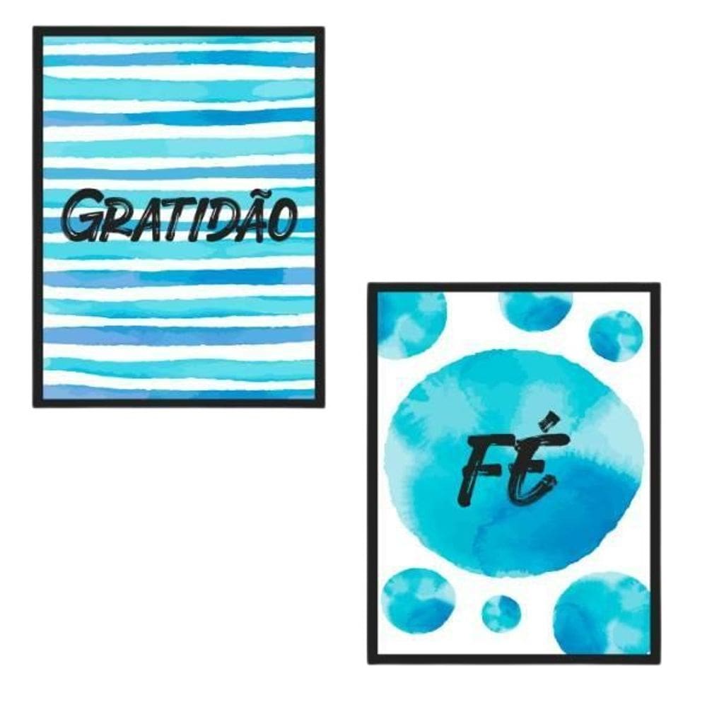 Quadro Decorativo Gratidão E Fé Azul Vidro 24X18Cm 2 Peças