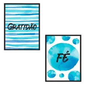 Quadro Decorativo Gratidão E Fé Azul Vidro 24X18Cm 2 Peças