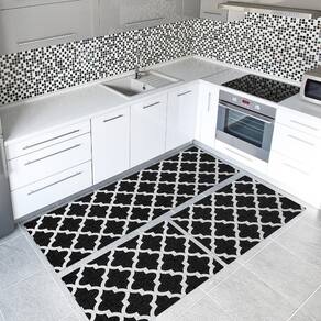 Tapete Cozinha 3 Peças Jacquard Latéx Arabesco Preto