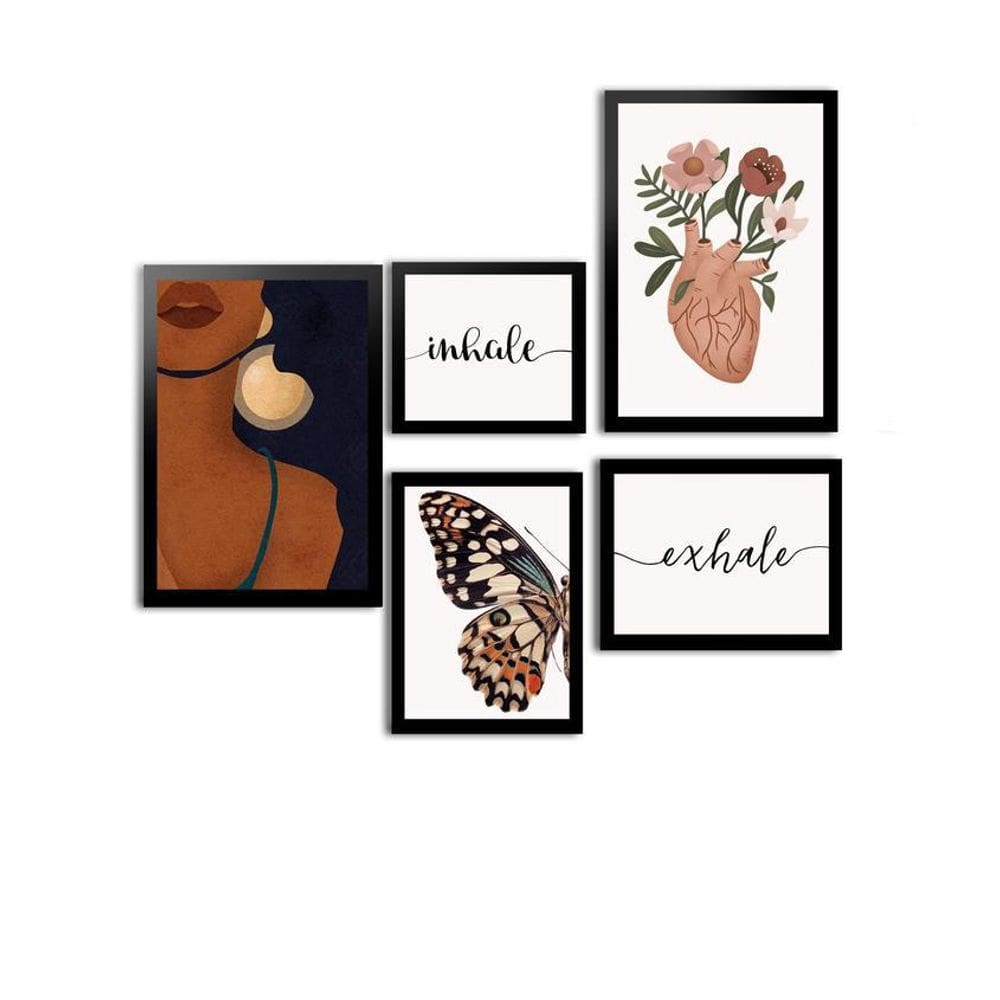 Kit 5 Quadros Decorativos Moldura Preta Inhale Exhale Boho