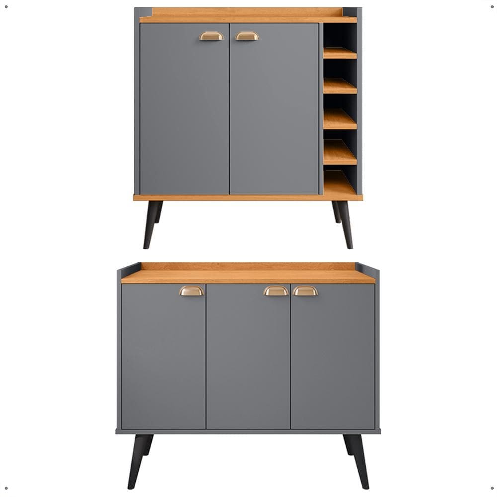 Kit Aparador Truzzi 3 Portas Cantinho Café Buffet Madero Adega Barzinho Retrô Decoração Sala Cinza/Cinamomo - Lojas RPM