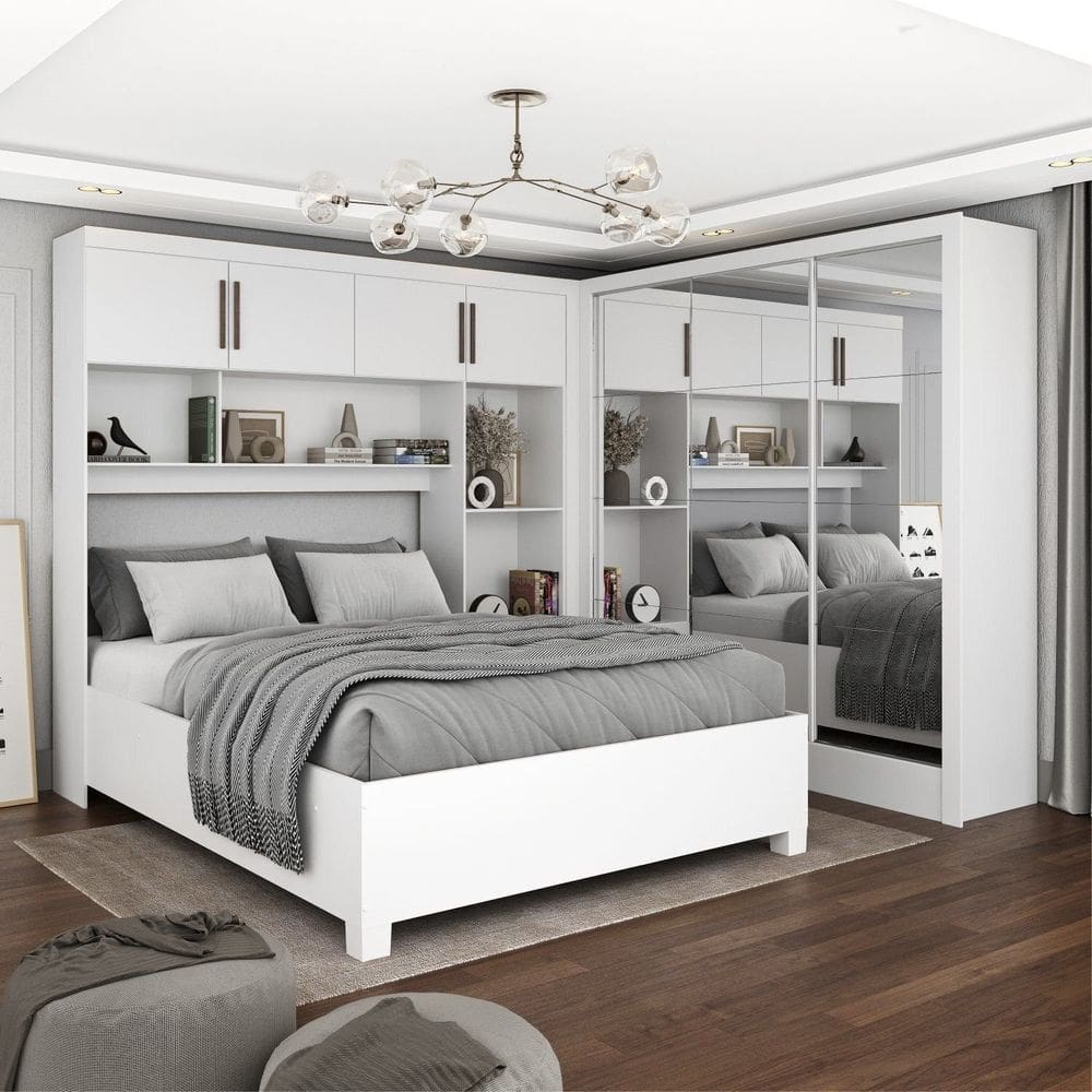 Guarda-roupa Casal Modulado 4 Portas com Cama Santiago 3 Portas Premium 5 Gaveta com Espelho Branco