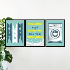 Kit 3 Quadros Lavanderia Azul Turquesa 60X40Cm Moldura Preta