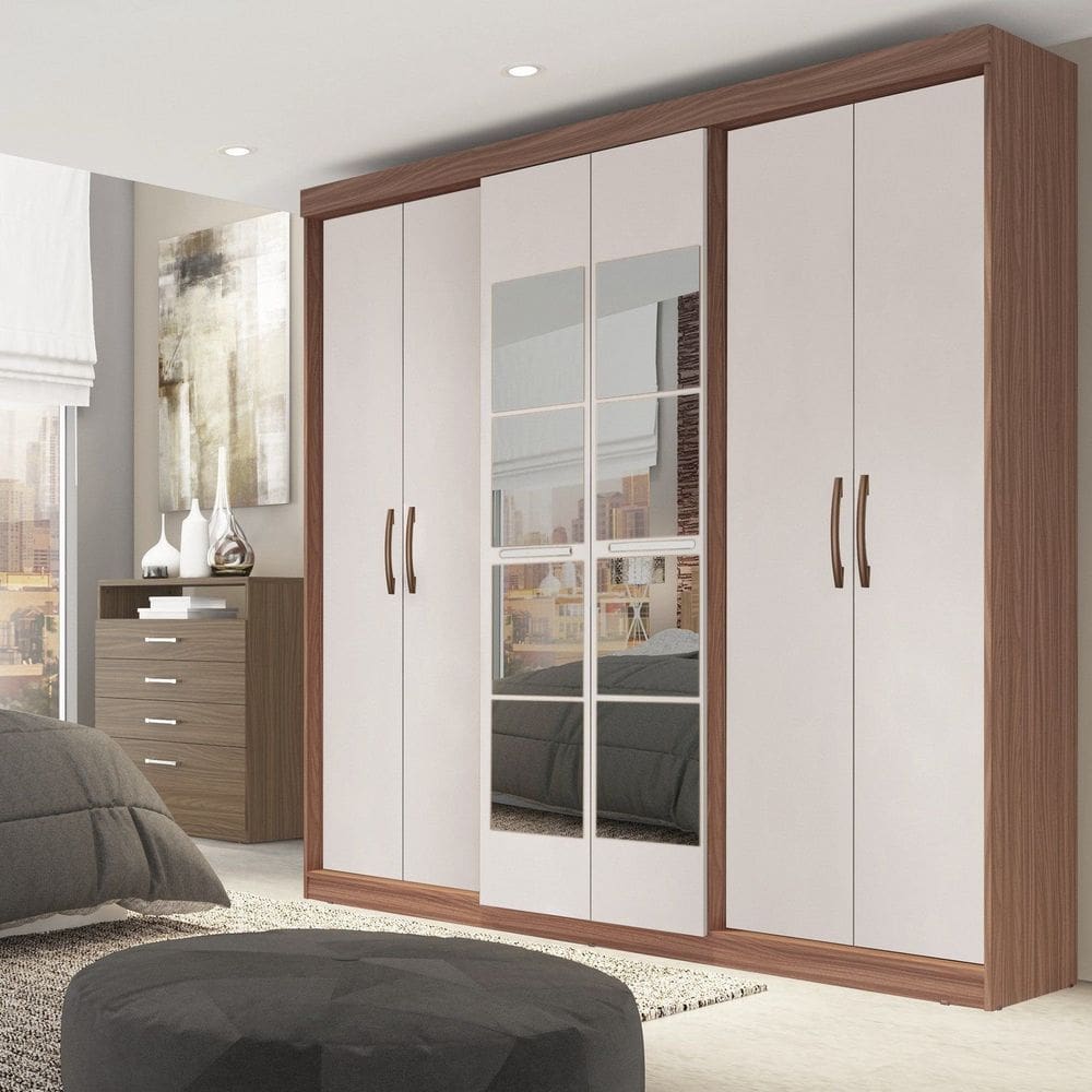 Guarda Roupa Casal 6 Portas 2 Gavetas Grécia com Espelho Carvalho Vermontt / Off White