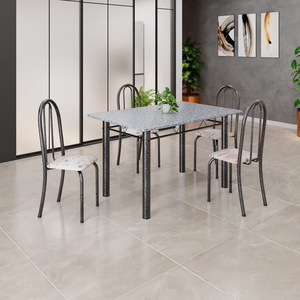 Conjunto de Mesa Tubular 120cm X 75cm Tampo com 4 Cadeiras Iris B Bege / Prata