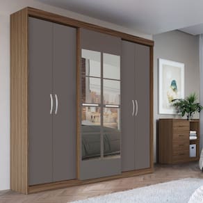 Guarda Roupa Casal 6 Portas 2 Gavetas Grécia com Espelho Nogueira / Cinza