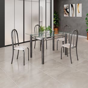 Conjunto de Mesa Tubular 120cm X 75cm Tampo em Vidro Incolor com 4 Cadeiras Bege / Prata
