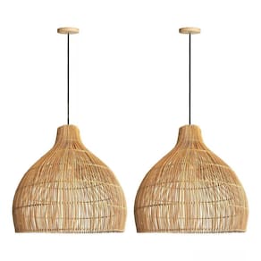 2 Pendente Rattan Fibra Natural Rustico Sala Nat35