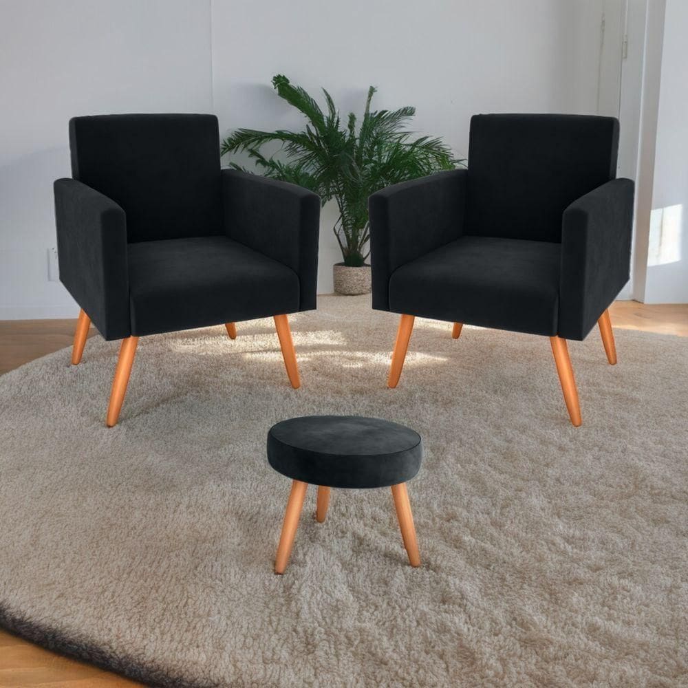 Conjunto Poltronas E Puff Iara Veludo Preto