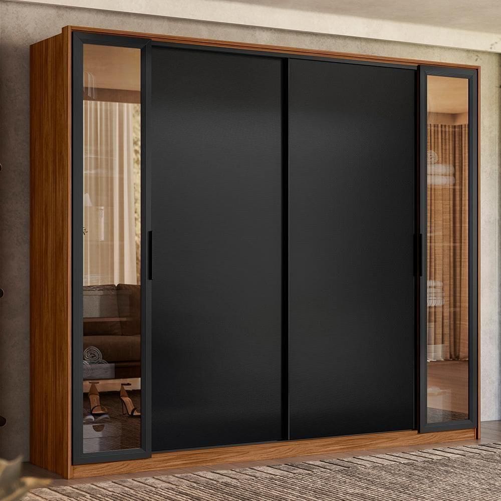 Guarda Roupa Casal Laredo 4 Portas Nogueira/preto Tx Com Vidro Reflecta Demartêz