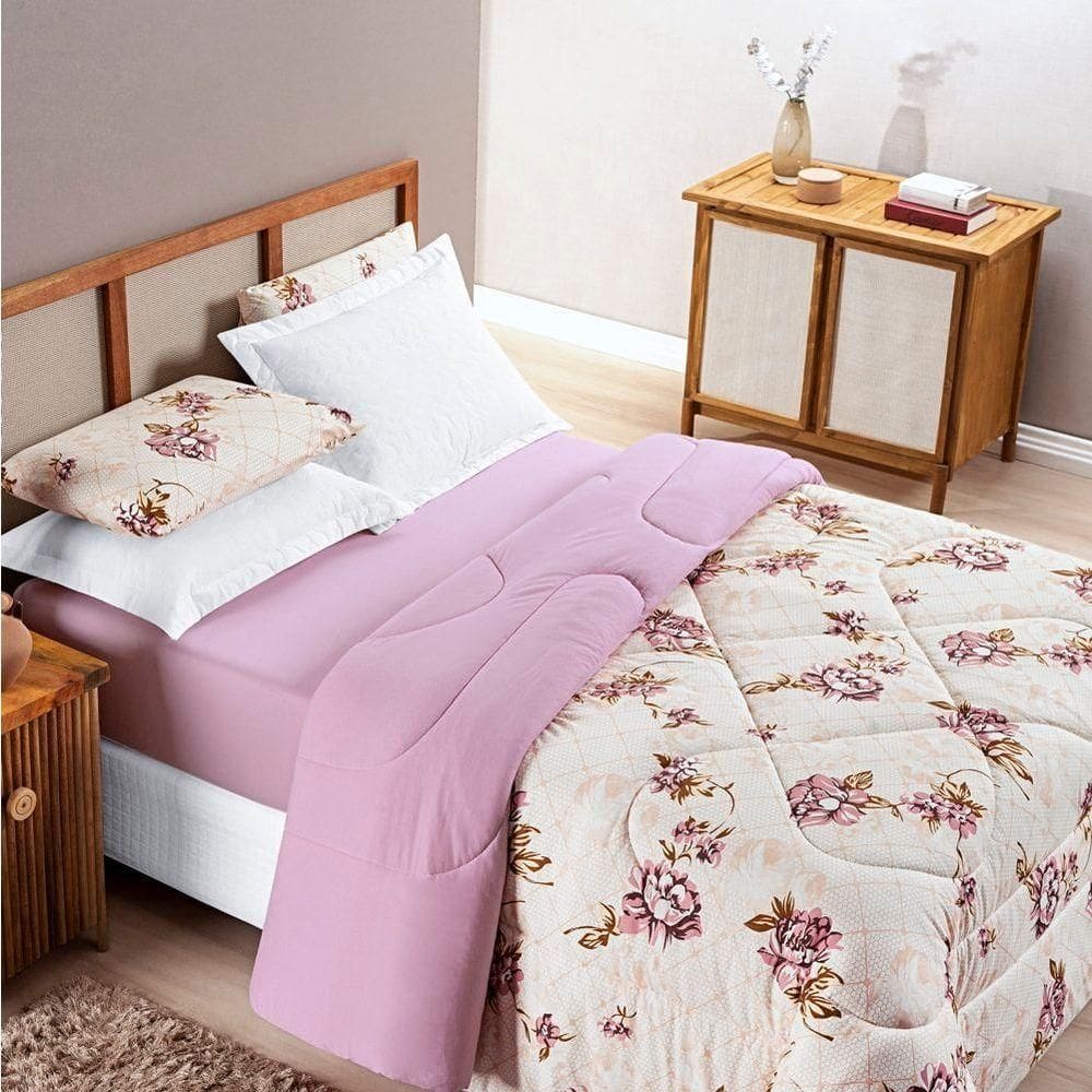 Edredom Queen Dupla Face Malha Penteada 100% Algodão 1 Peça Floral Rosê