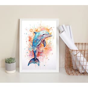 Quadro Decorativo Golfinho Colorido- Aquarela 33X24Cm