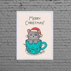 Quadro Decorativo Gatinho Merry Christmas 24X18Cm - Branca