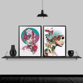 Kit 2 Quadros Arte Mulheres Flores 24X18Cm - Madeira Preta