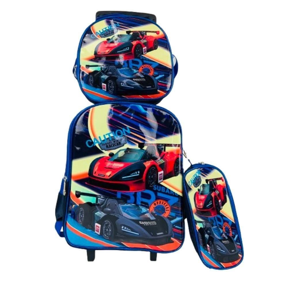 Kit Mochila Infantil Meninos Com Rodinhas Carros Escolar Estojo Lancheira Térmica Bolsa Completa