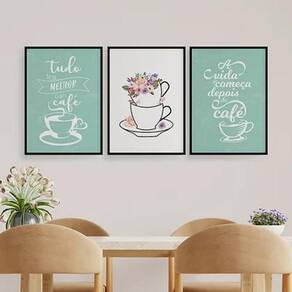 Kit 3 Quadros Tudo Fica Melhor Com Café 24X18Cm - Preta