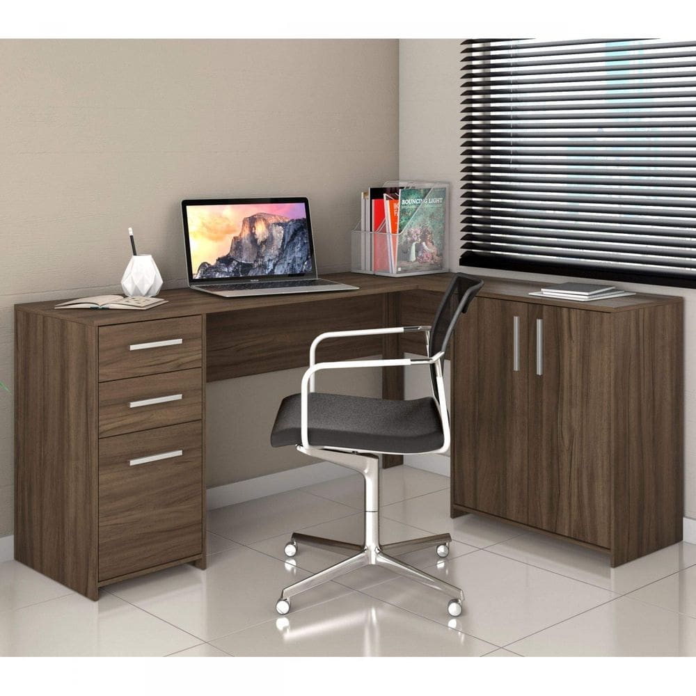 Mesa de Escritório em L 2 Gavetas 3 Portas Office Nt 2005 Nogal Trend