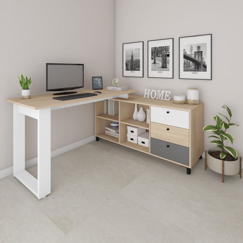Escrivaninha Industrial para Escritório e Home Office em L 3 Gavetas 4 Nichos Home Office Carvalho/Grafito/Branco