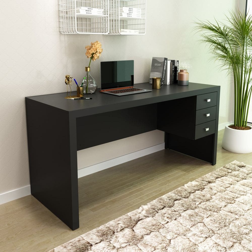 Mesa para Escritório 155cm com 3 Gavetas Reversível ME4113 Preto