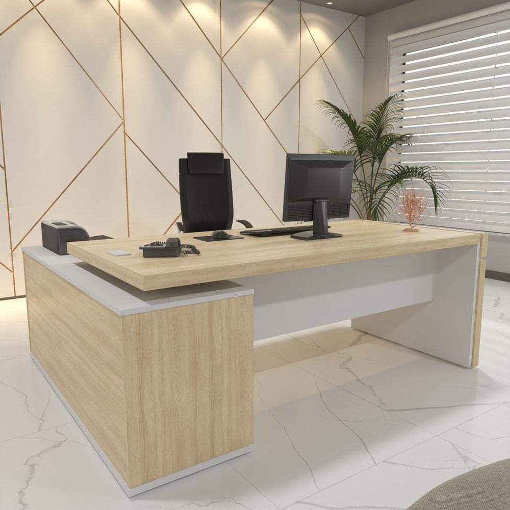 Mesa para Escritório em L com Caixa de Tomada Tamburato Estação Diretoria Carvalho/Branco