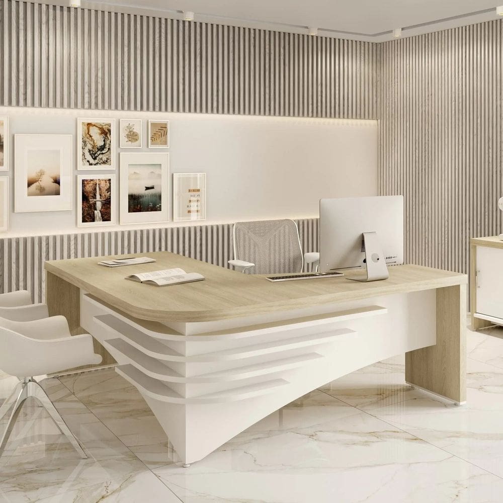 Mesa para Escritório Diretor em L Tamburato e Elegante Carvalho/Branco