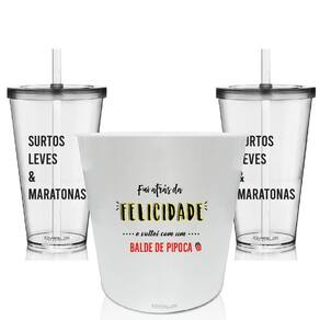 Kit Balde De Pipoca E 2 Copos - Fui Atrás Da Felicidade