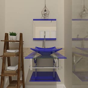 Gabinete De Vidro 45Cm Iq Inox Com Cuba Quadrada Azul Escuro