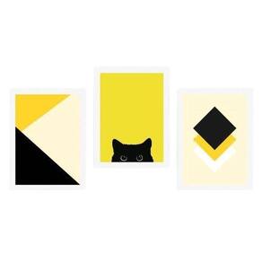 Quadros Gato Preto/Amarelo Moldura Branca 24X18Cm 3Un