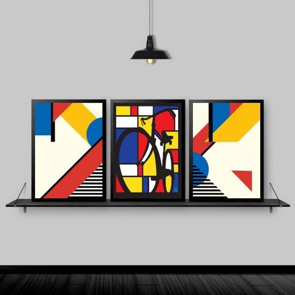 Kit 3 Quadros Bicicleta Mondrian 33X24Cm Moldura Preta